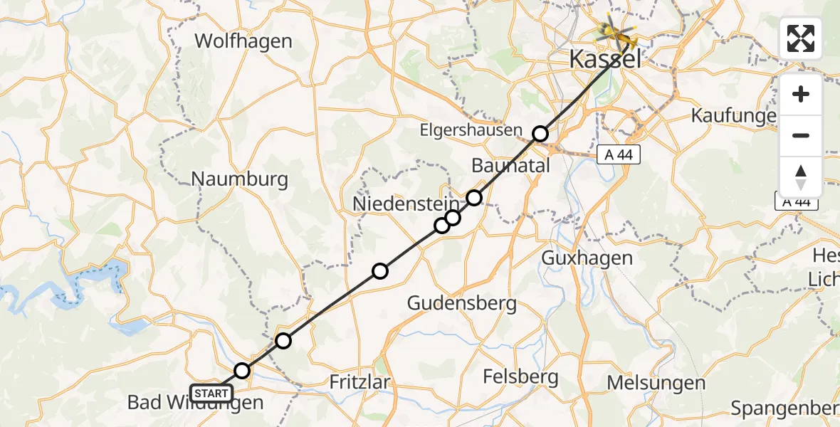 Flugroute Rettungshubschrauber Bad Wildungen - Kassel, 14 Mai 2026, 18:22