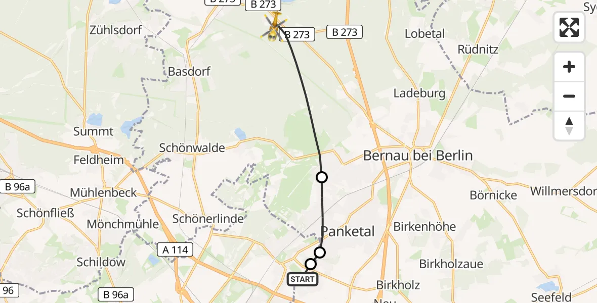 Flugroute Rettungshubschrauber Helios Clinic Berlin-Buch - Bernau bei Berlin, 14 Mai 2026, 18:23