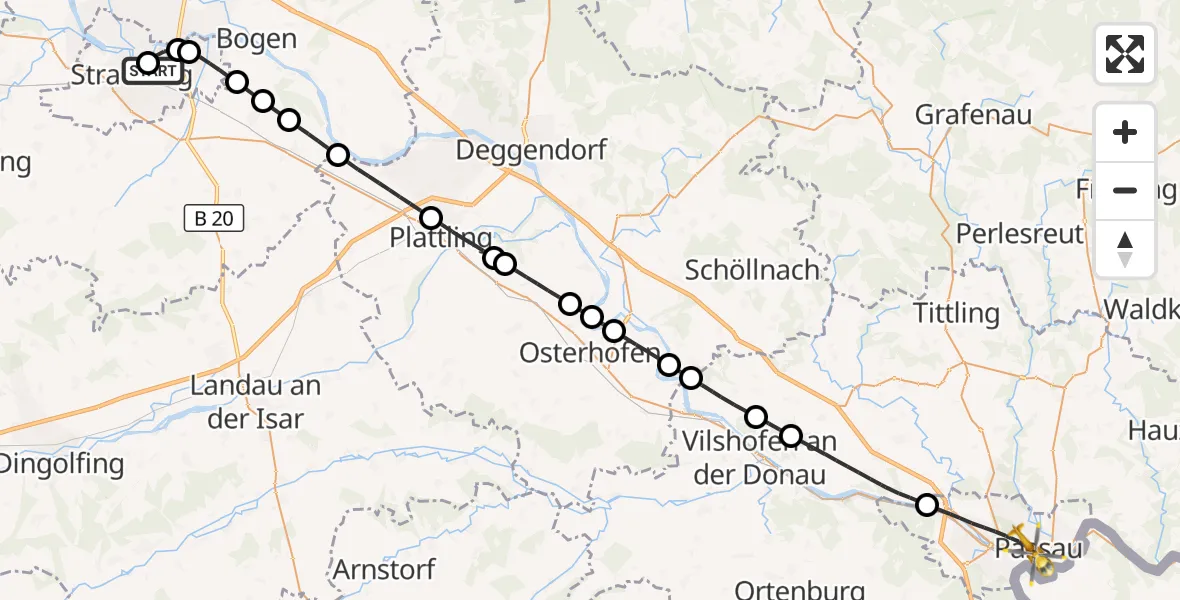 Flugroute Rettungshubschrauber Sankt Elisabeth Hospital Straubing - Passau, 14 Mai 2026, 18:32