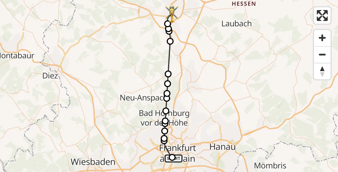 Flugroute Rettungshubschrauber Frankfurt University Hospital - Gießen, 14 Mai 2026, 18:35