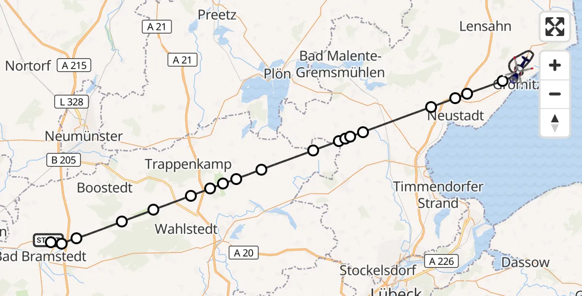 Flugroute Polizeihubschrauber Bad Bramstedt Hubschrauberlandeplatz - Grömitz, 14 Mai 2026, 18:35