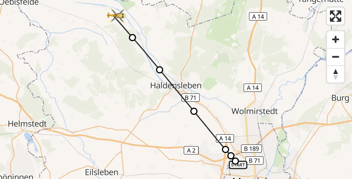 Flugroute Rettungshubschrauber Magdeburg Hospital - Calvörde, 14 Mai 2026, 18:39