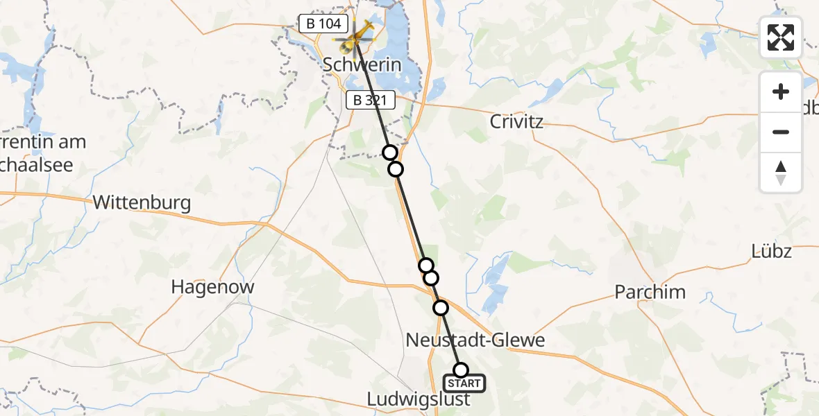 Flugroute Rettungshubschrauber Groß Laasch - Schwerin, 14 Mai 2026, 18:44