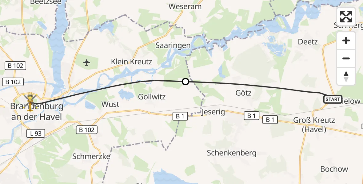 Flugroute Rettungshubschrauber Groß Kreutz (Havel) - Brandenburg an der Havel, 14 Mai 2026, 18:50
