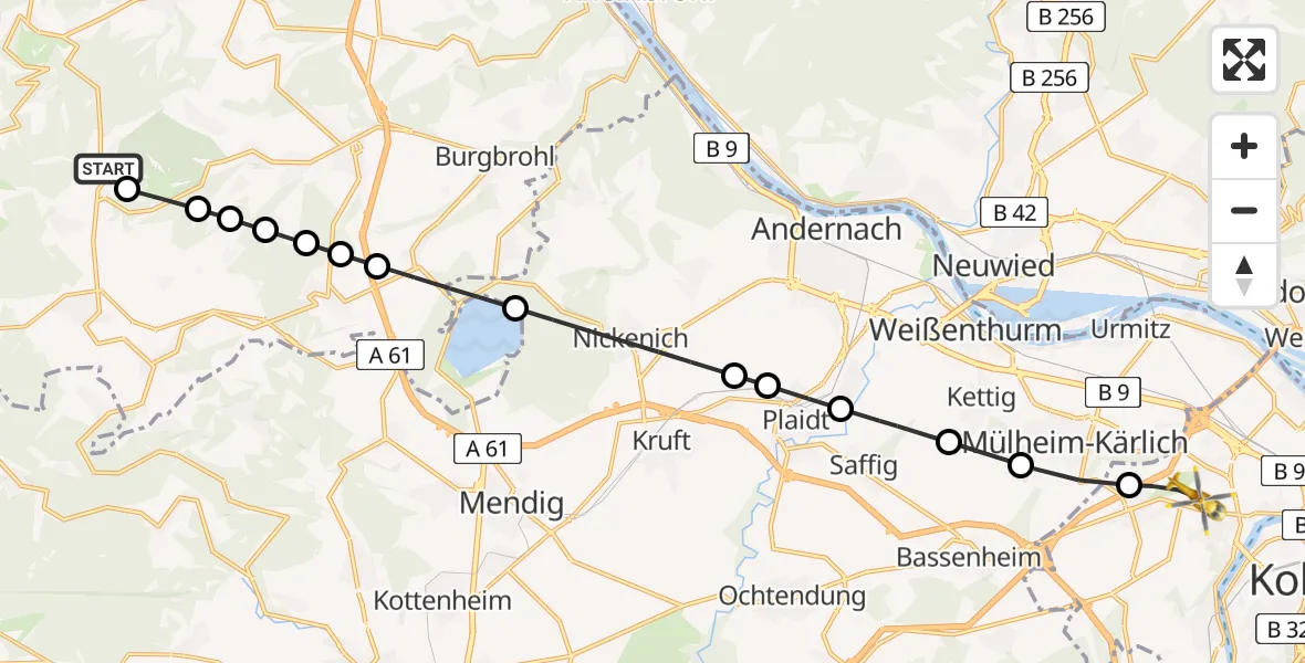 Flugroute Rettungshubschrauber Oberdürenbach - Koblenz, 14 Mai 2026, 18:53