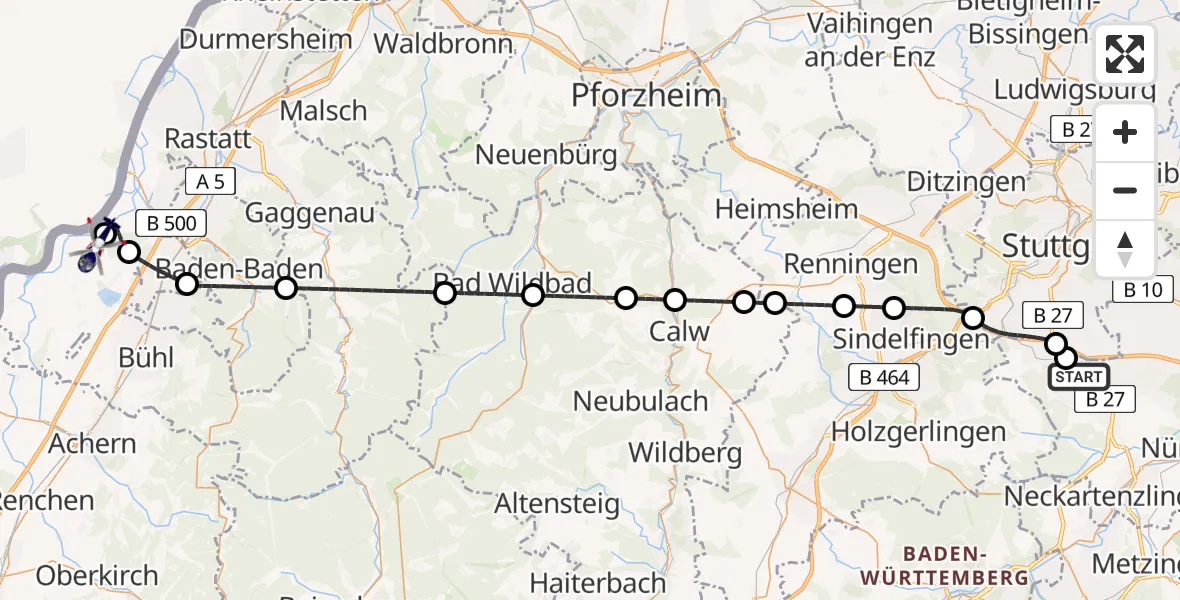 Flugroute Polizeihubschrauber Flughafen Stuttgart - Karlsruhe Baden-Baden Flughafen, 14 Mai 2026, 19:01