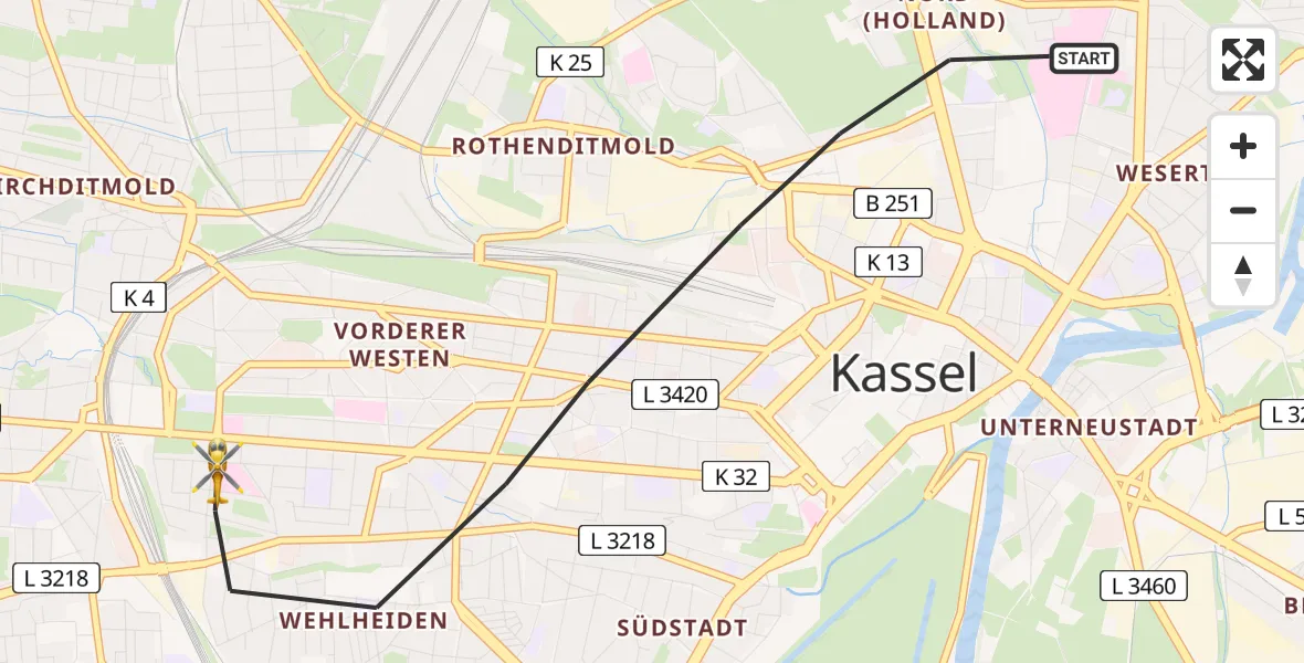 Flugroute Rettungshubschrauber Kassel - Kassel, 14 Mai 2026, 19:01
