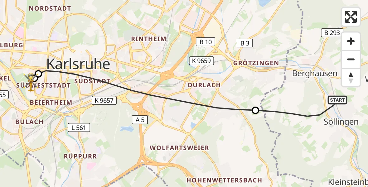 Flugroute Rettungshubschrauber Pfinztal - Sankt Vincentius Hospital, 14 Mai 2026, 19:01