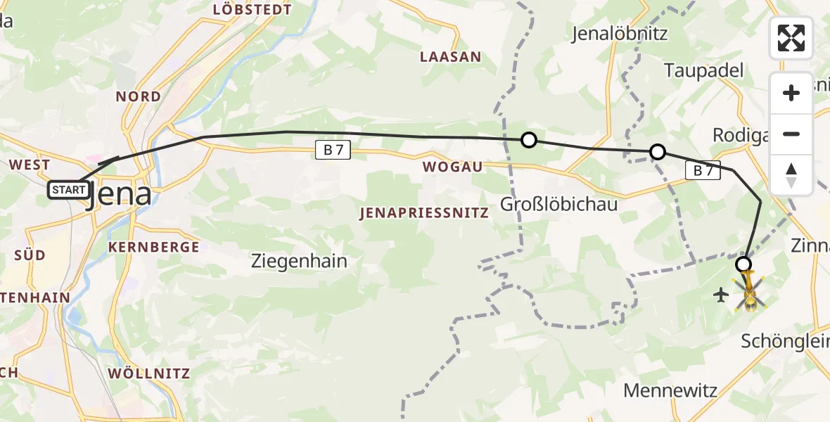 Flugroute Rettungshubschrauber Jena - Jena-Schöngleina Flugplatz, 14 Mai 2026, 19:02