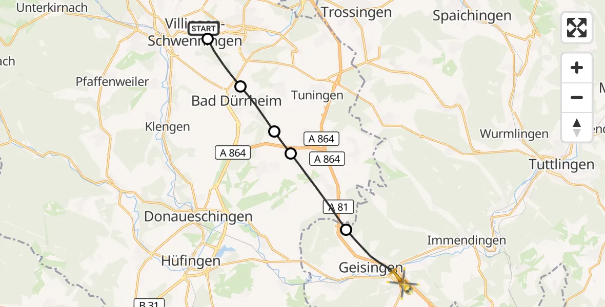 Flugroute Rettungshubschrauber DRF Air Rescue Station Villingen-Schwenningen Hubschrauberlandeplatz (Christoph 11) - Geisingen, 14 Mai 2026, 19:02