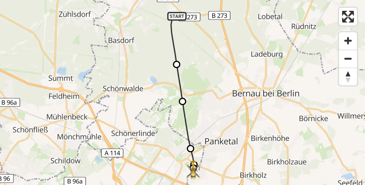 Flugroute Rettungshubschrauber Bernau bei Berlin - Helios Clinic Berlin-Buch, 14 Mai 2026, 19:03