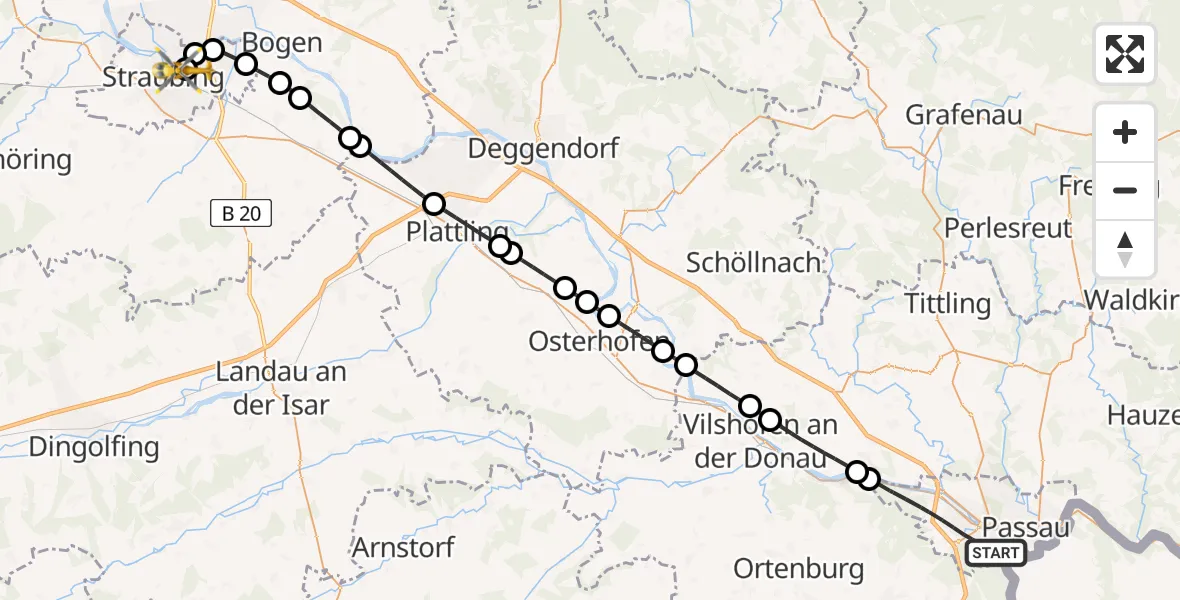 Flugroute Rettungshubschrauber Passau - Sankt Elisabeth Hospital Straubing, 14 Mai 2026, 19:05
