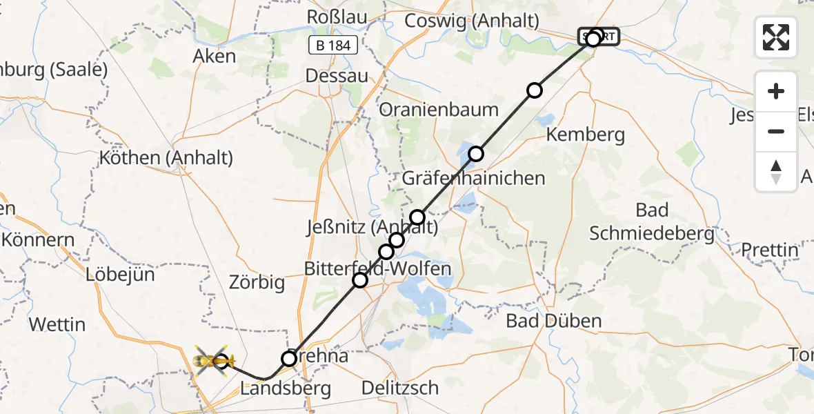 Flugroute Rettungshubschrauber Paul-Gerhardt-Stift Evangelical Hospital - Halle-Oppin Flugplatz, 14 Mai 2026, 19:06