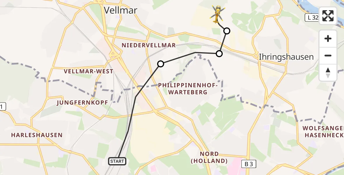Flugroute Rettungshubschrauber Kassel - Fuldatal Bundespolizei Hubschrauberlandeplatz, 14 Mai 2026, 19:07
