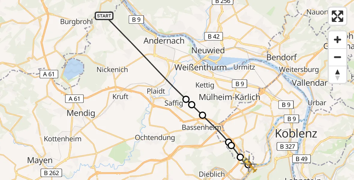 Flugroute Ambulanzhubschrauber Andernach - Koblenz-Winningen Flugplatz, 14 Mai 2026, 19:08