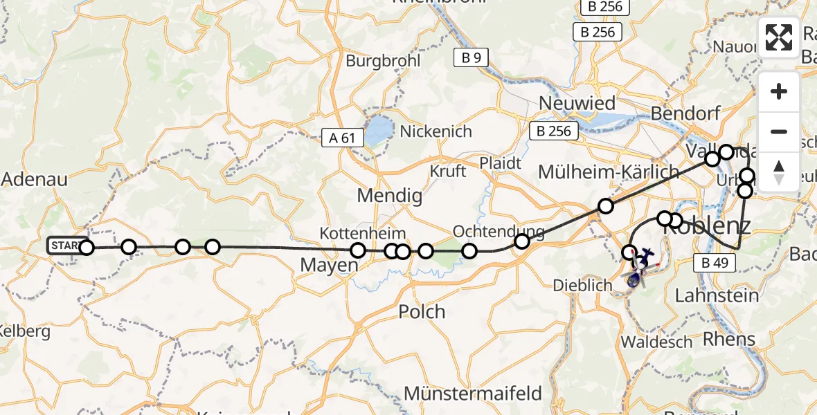 Flugroute Polizeihubschrauber Meuspath - Koblenz-Winningen Flugplatz, 14 Mai 2026, 19:08