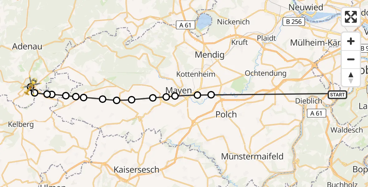 Flugroute Ambulanzhubschrauber Koblenz-Winningen Flugplatz - Nürburgring Hubschrauberlandeplatz, 14 Mai 2026, 19:25