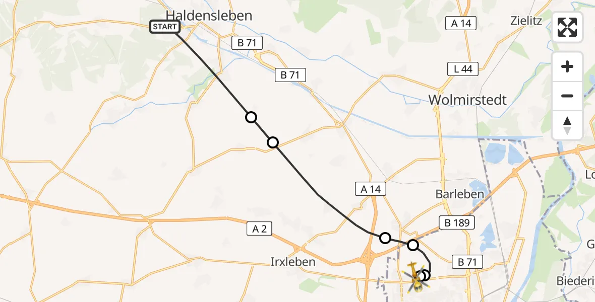 Flugroute Rettungshubschrauber Haldensleben - Magdeburg Hospital, 14 Mai 2026, 19:29