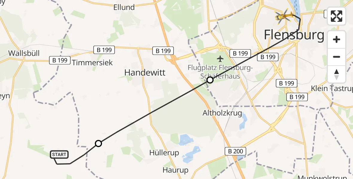 Flugroute Rettungshubschrauber Großenwiehe - Flensburg, 14 Mai 2026, 19:32