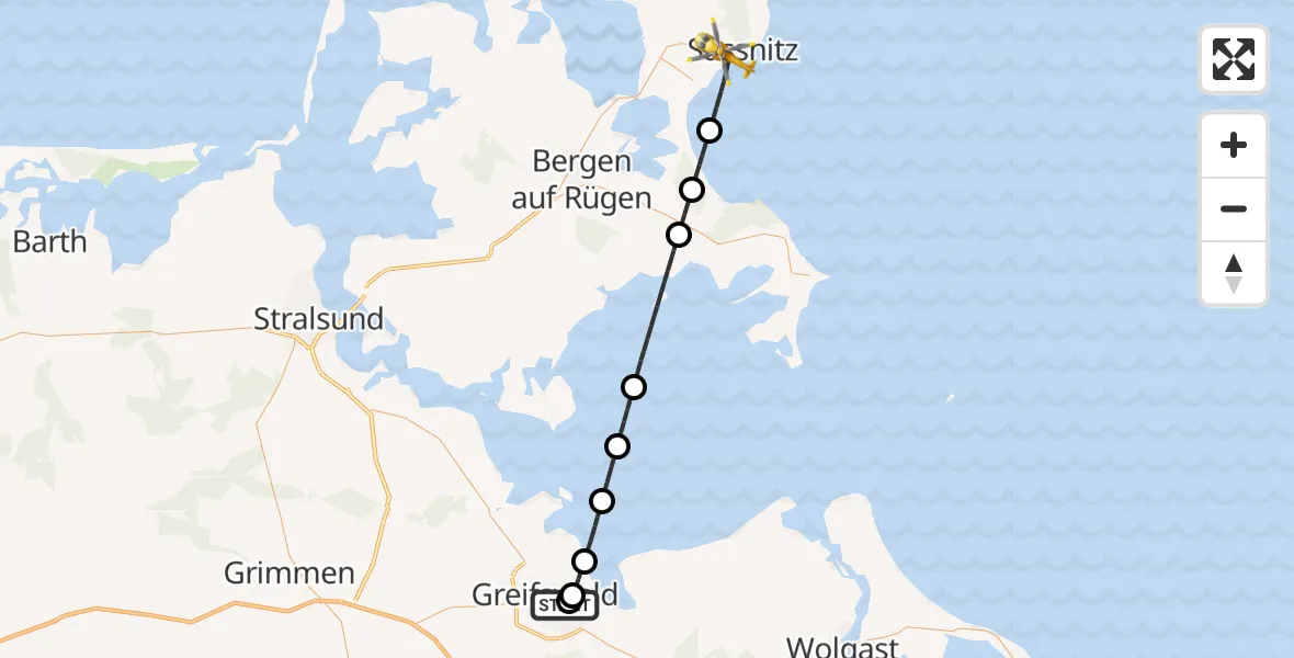 Flugroute Rettungshubschrauber Greifswald Hospital - Sassnitz, 14 Mai 2026, 19:32
