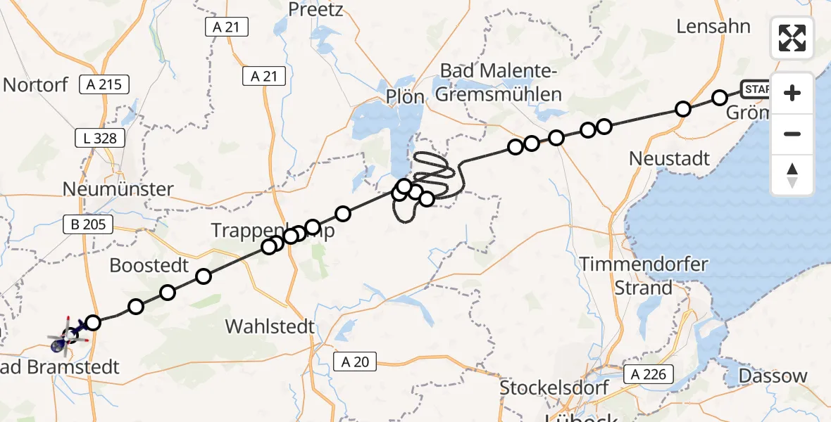 Flugroute Polizeihubschrauber Grömitz - Bad Bramstedt Hubschrauberlandeplatz, 14 Mai 2026, 19:40