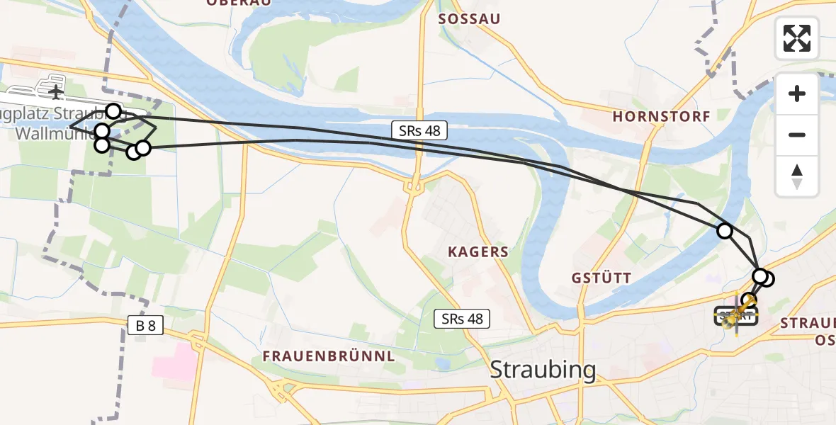Flugroute Rettungshubschrauber Sankt Elisabeth Hospital Straubing - Sankt Elisabeth Hospital Straubing, 14 Mai 2026, 19:40
