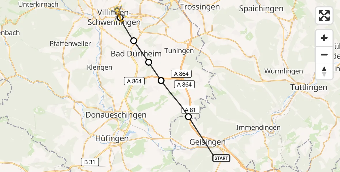 Flugroute Rettungshubschrauber Geisingen - DRF Air Rescue Station Villingen-Schwenningen Hubschrauberlandeplatz (Christoph 11), 14 Mai 2026, 19:42