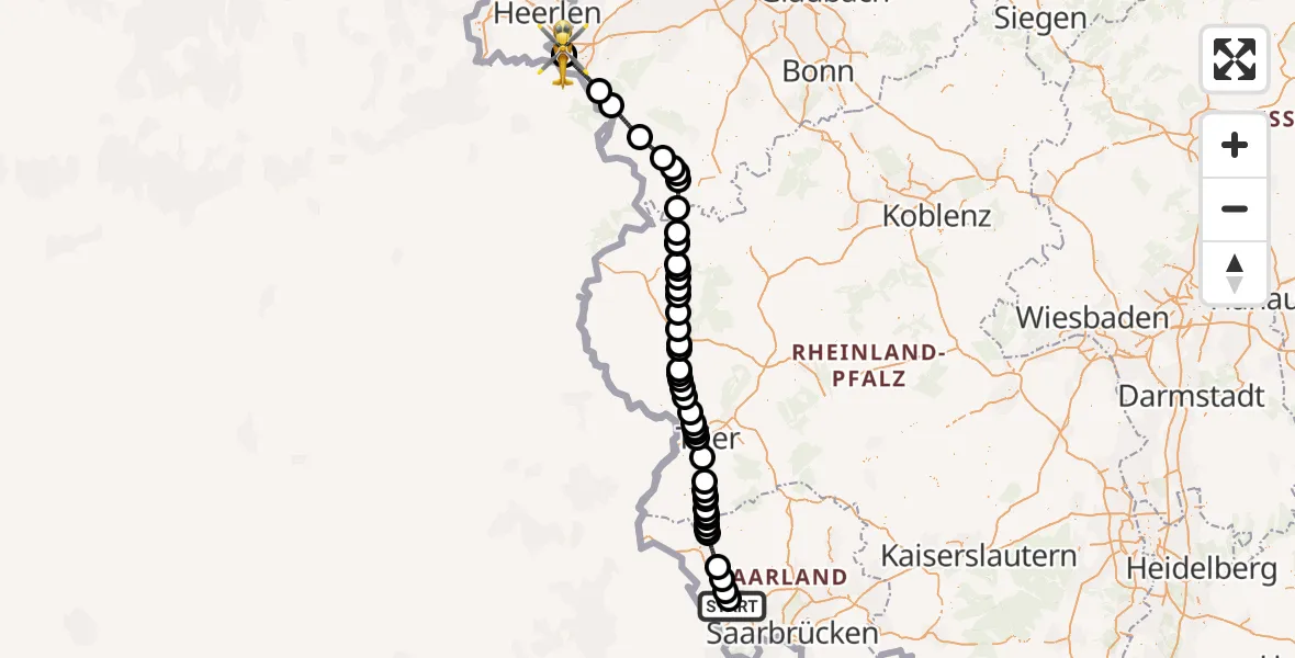 Flugroute Rettungshubschrauber Saarlouis - Aachen Hospital, 14 Mai 2026, 19:42
