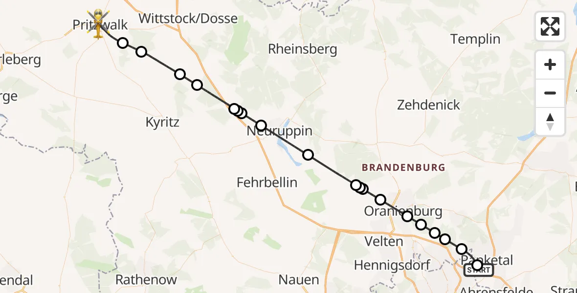 Flugroute Rettungshubschrauber Helios Clinic Berlin-Buch - Pritzwalk, 14 Mai 2026, 20:00
