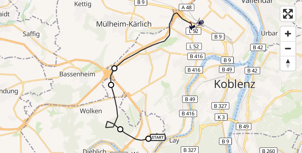 Flugroute Polizeihubschrauber Koblenz-Winningen Flugplatz - Koblenz, 14 Mai 2026, 20:10
