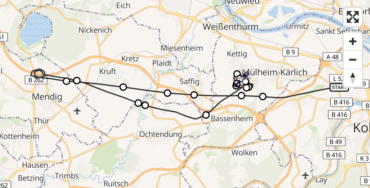 Flugroute Polizeihubschrauber Koblenz - Mülheim-Kärlich, 14 Mai 2026, 20:27