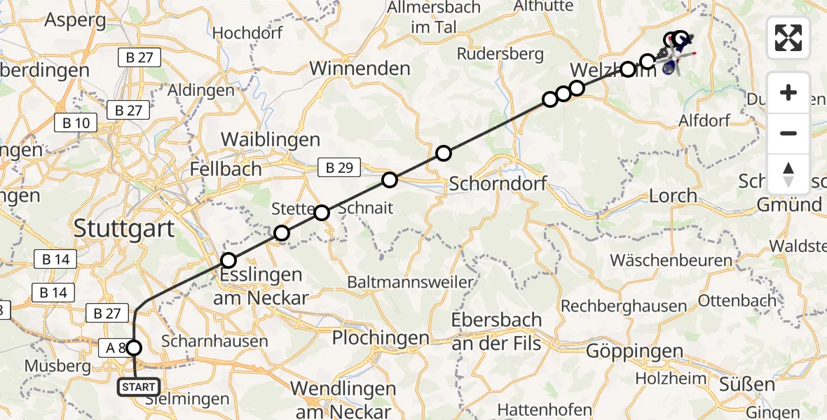 Flugroute Polizeihubschrauber Flughafen Stuttgart - Alfdorf, 14 Mai 2026, 20:32