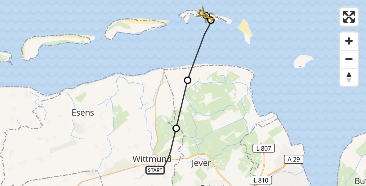Flugroute Rettungshubschrauber Wittmund - Noordzee, 14 Mai 2026, 20:33