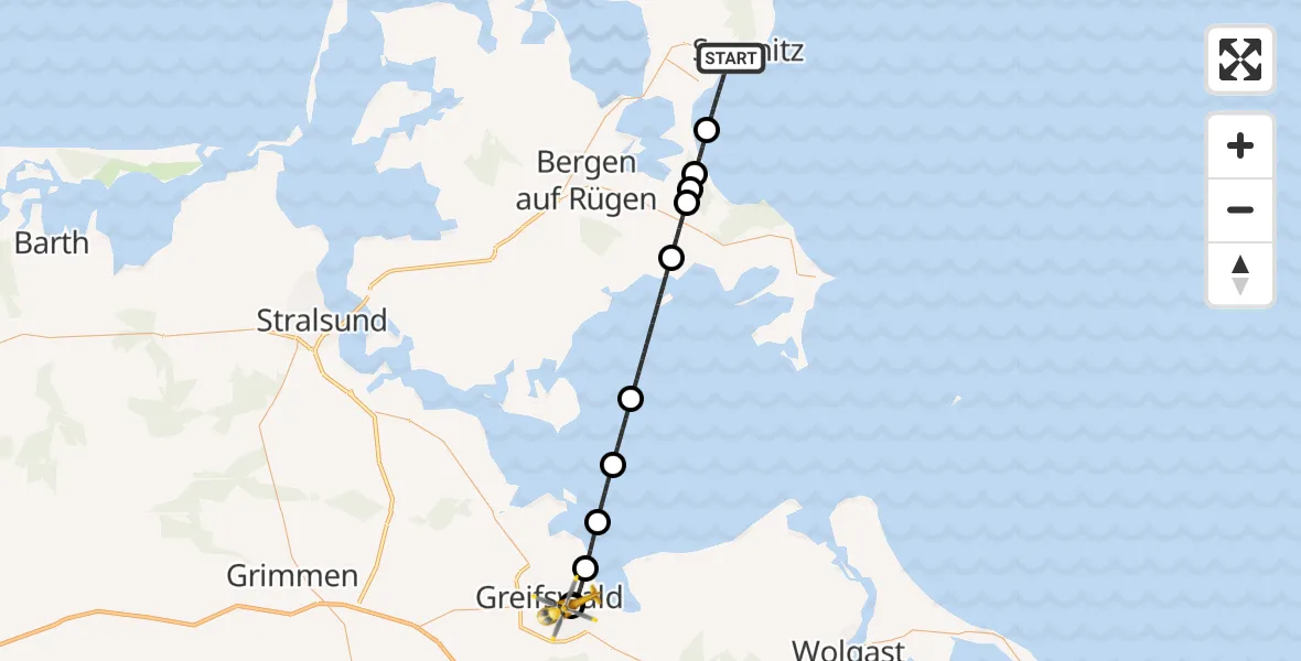 Flugroute Rettungshubschrauber Sassnitz - Greifswald Hospital, 14 Mai 2026, 20:43