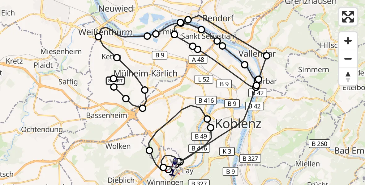 Flugroute Polizeihubschrauber Mülheim-Kärlich - Koblenz-Winningen Flugplatz, 14 Mai 2026, 20:54