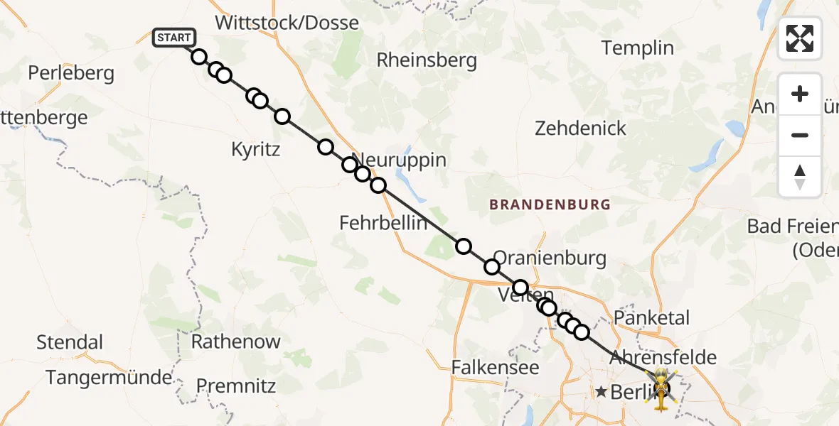 Flugroute Rettungshubschrauber Pritzwalk - Berlin Emergency Hospital, 14 Mai 2026, 20:58