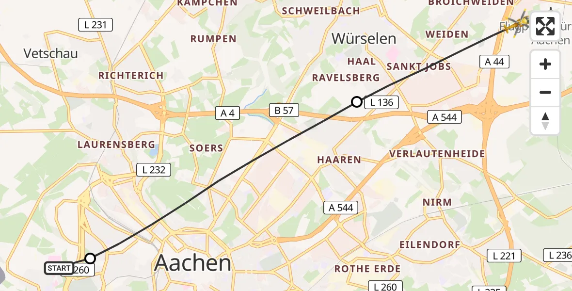 Flugroute Rettungshubschrauber Aachen Hospital - Würselen, 14 Mai 2026, 21:06