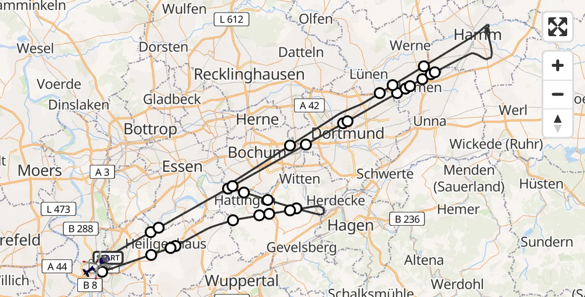 Flugroute Polizeihubschrauber Ratingen - Düsseldorf Flughafen, 14 Mai 2026, 21:16