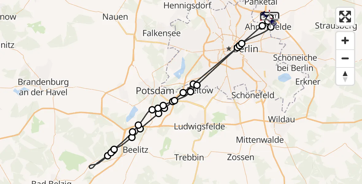 Flugroute Polizeihubschrauber Ahrensfelde - Ahrensfelde Hubschrauberlandeplatz, 14 Mai 2026, 21:16