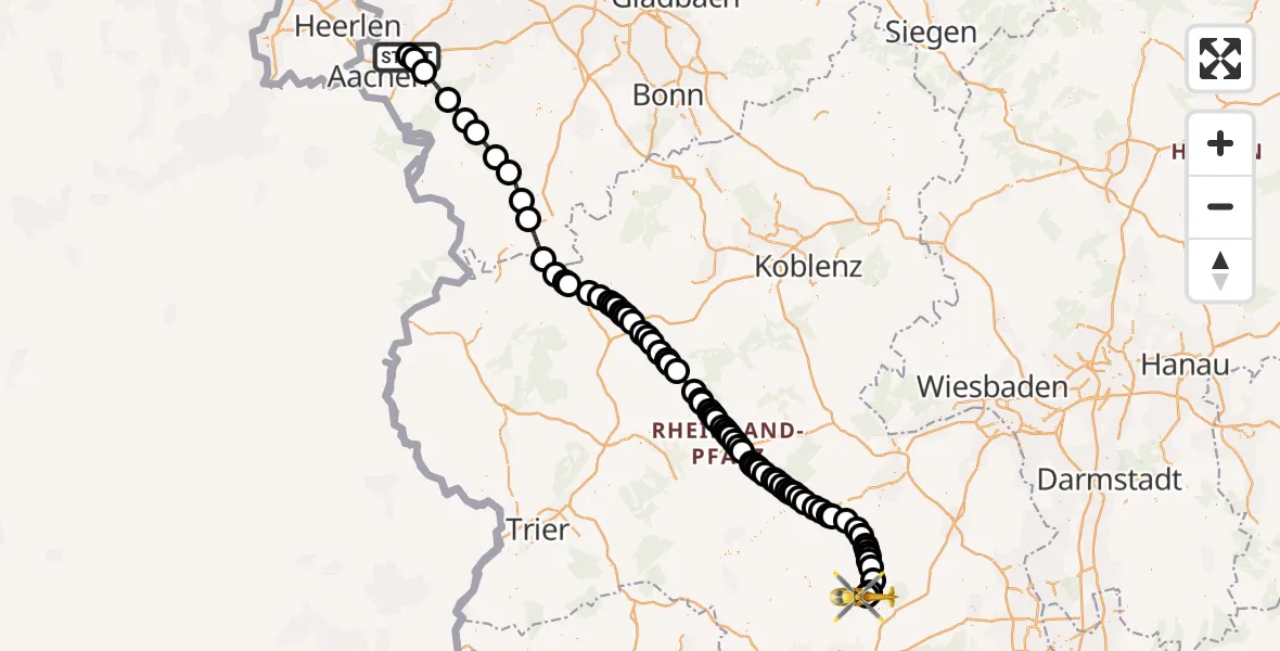 Flugroute Rettungshubschrauber Aachen-Merzbrück Flughafen - Imsweiler UL, 14 Mai 2026, 21:22