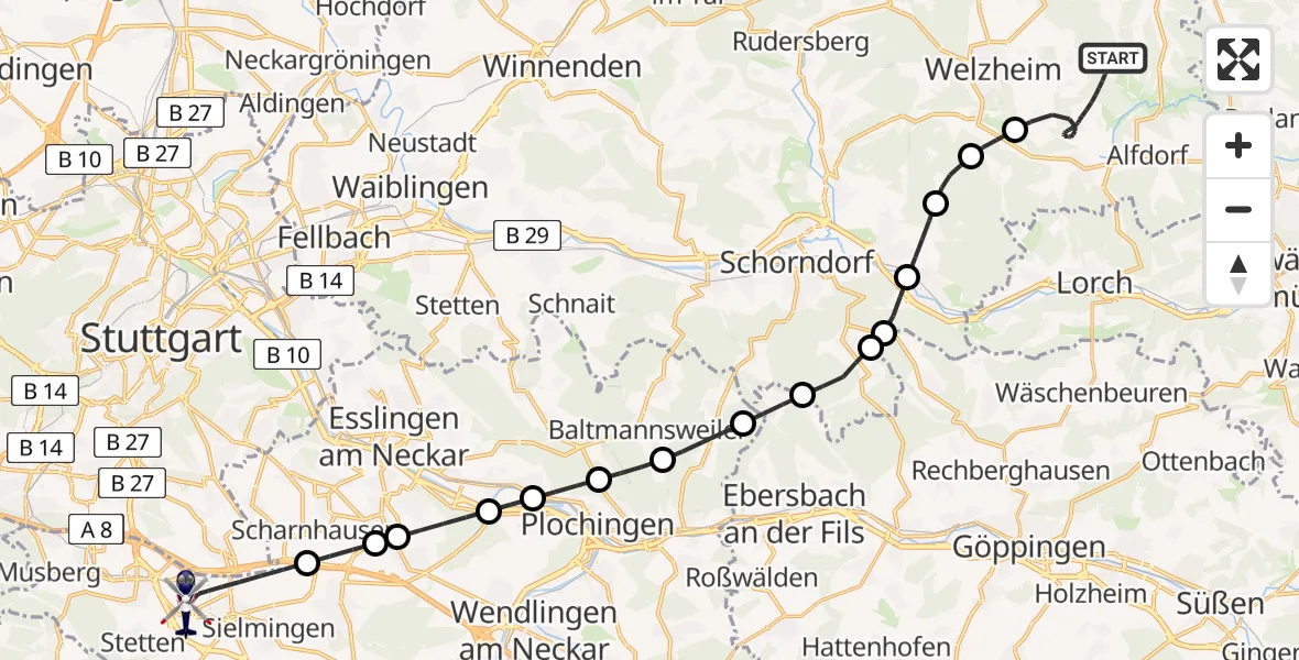 Flugroute Polizeihubschrauber Alfdorf - Flughafen Stuttgart, 14 Mai 2026, 21:41
