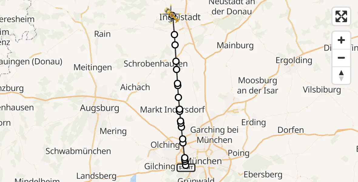 Flugroute Rettungshubschrauber DRF Air Rescue München Hubschrauberlandeplatz - Ingolstadt Hospital, 14 Mai 2026, 22:09