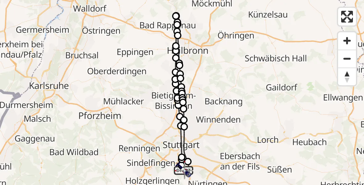 Flugroute Polizeihubschrauber Flughafen Stuttgart - Flughafen Stuttgart, 14 Mai 2026, 22:23