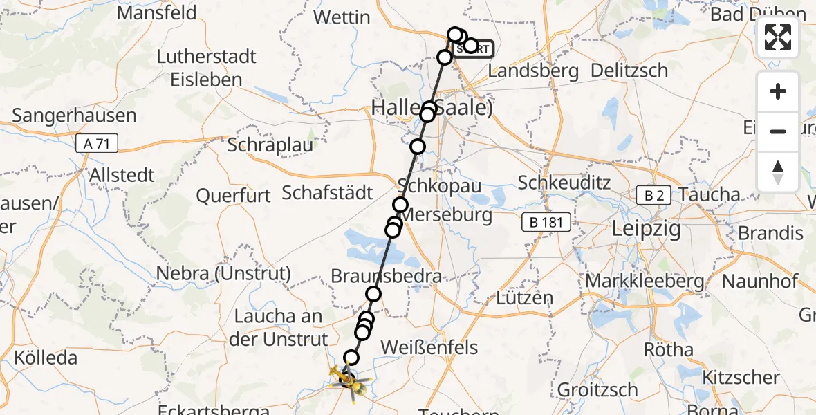 Flugroute Rettungshubschrauber Halle-Oppin Flugplatz - Naumburg Hospital, 14 Mai 2026, 22:31