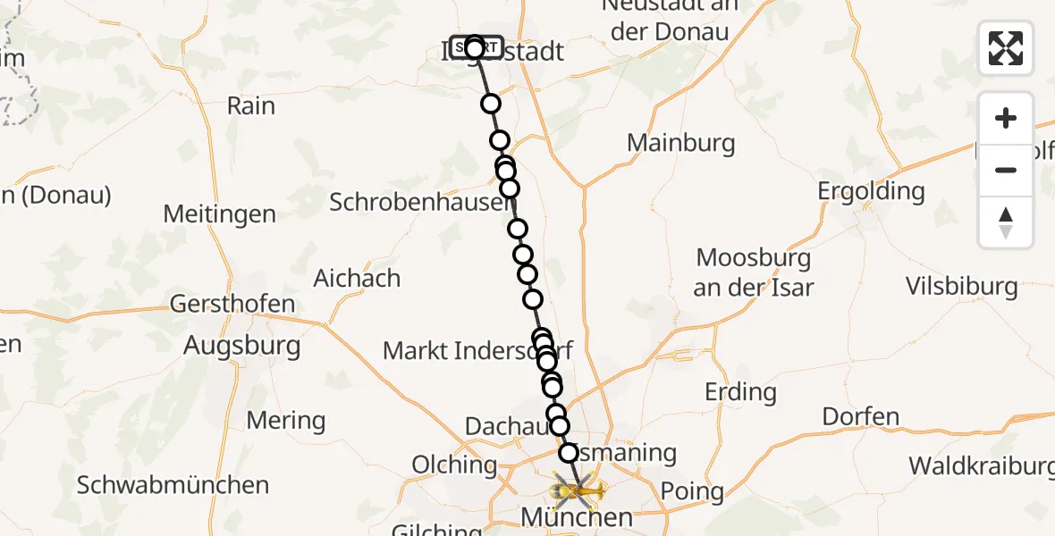 Flugroute Rettungshubschrauber Ingolstadt Hospital - München, 14 Mai 2026, 22:56