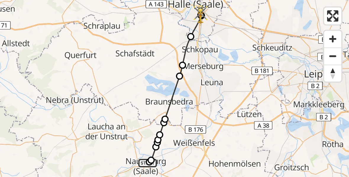 Flugroute Rettungshubschrauber Naumburg Hospital - BG Hospital Bergmannstrost Halle, 14 Mai 2026, 23:07