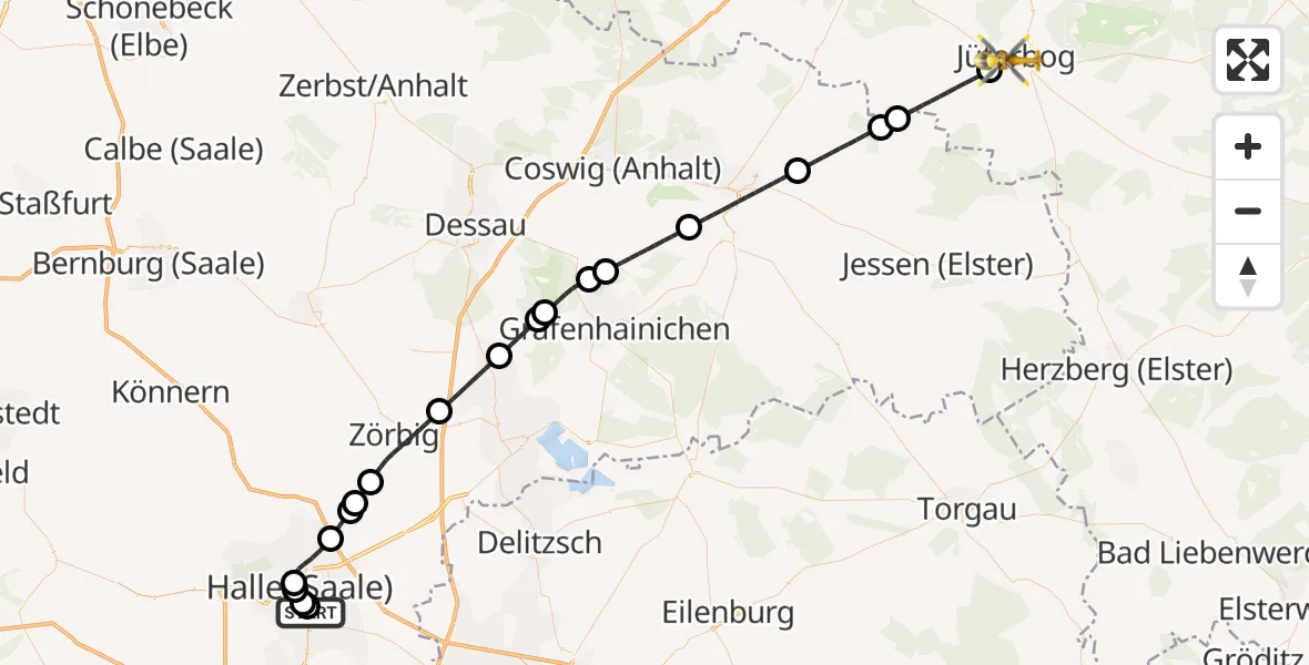Flugroute Rettungshubschrauber BG Hospital Bergmannstrost Halle - Jüterbog, 14 Mai 2026, 23:44