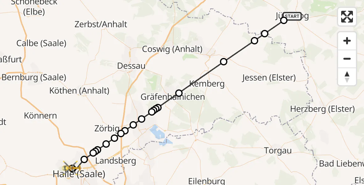 Flugroute Rettungshubschrauber Jüterbog - Halle (Saale) University Hospital, 15 Mai 2026, 00:40