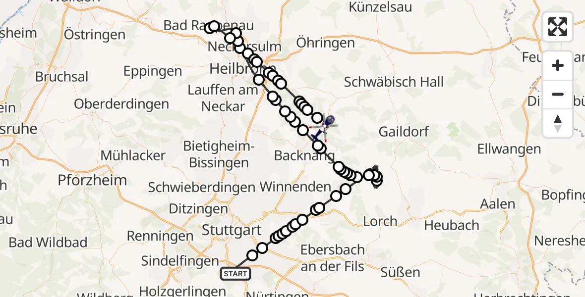 Flugroute Polizeihubschrauber Flughafen Stuttgart - Sulzbach an der Murr, 15 Mai 2026, 01:10
