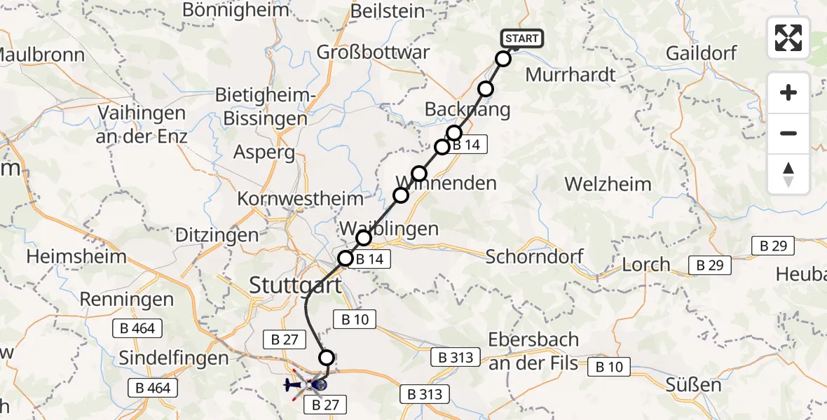 Flugroute Polizeihubschrauber Sulzbach an der Murr - Flughafen Stuttgart, 15 Mai 2026, 03:06
